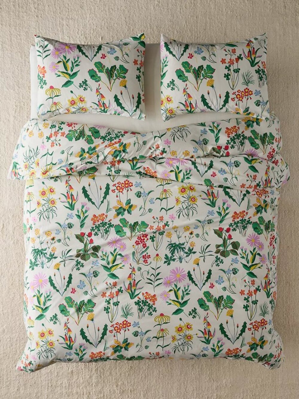 Flori Wildflower Cotton Poly White Floral Full/Queen Duvet Cover w. Pillows Set